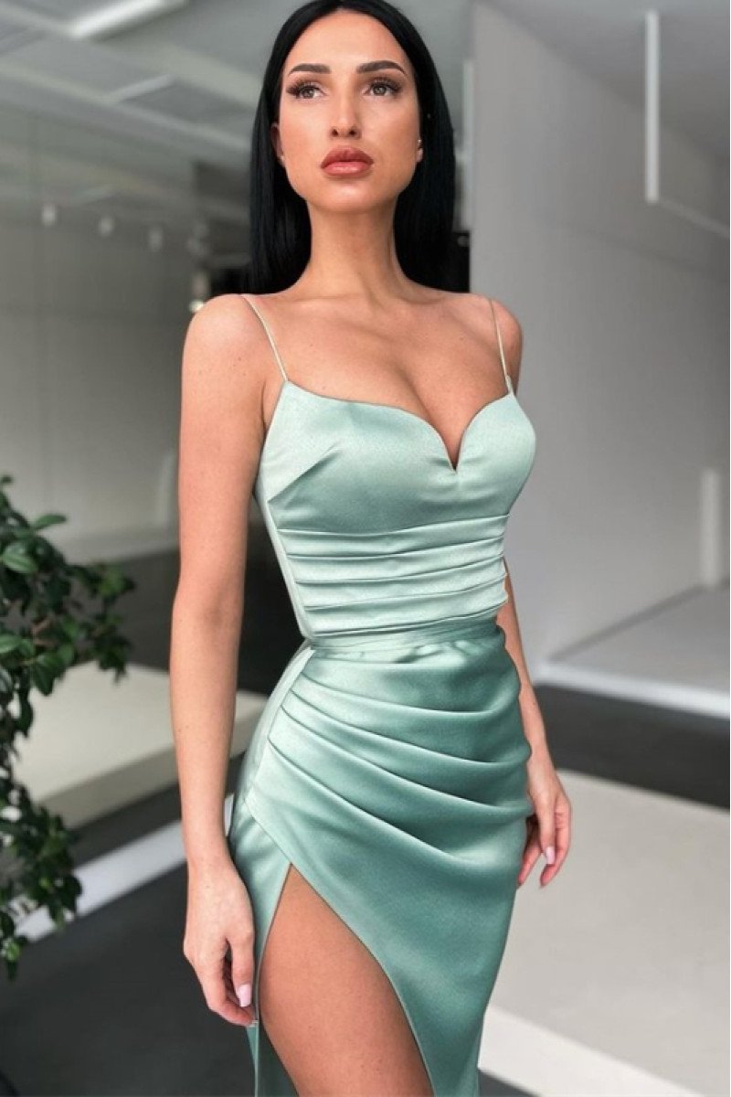 Evangeline Chic Sage Spaghetti Straps Side Slit Sheath Prom Dresses