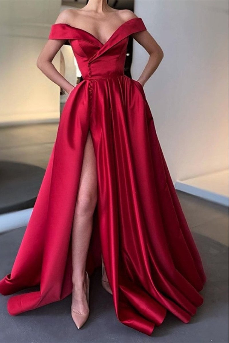 Eve Elegant Red Off Shoulder Side Slit A-Line Prom Dresses