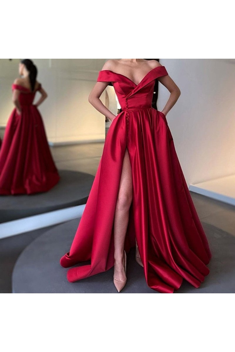 Eve Elegant Red Off Shoulder Side Slit A-Line Prom Dresses