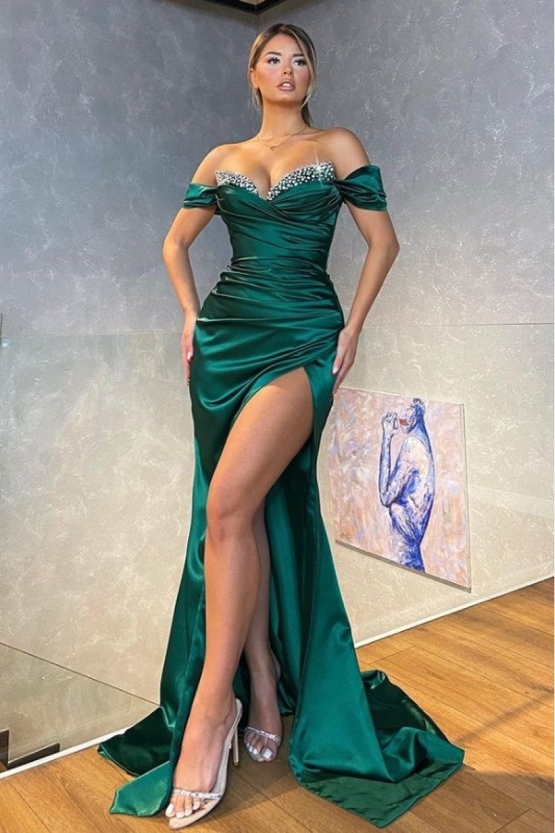 Faithe Mild Turquoise Off Shoulder Side Slit Sheath Prom Dresses With Crystal