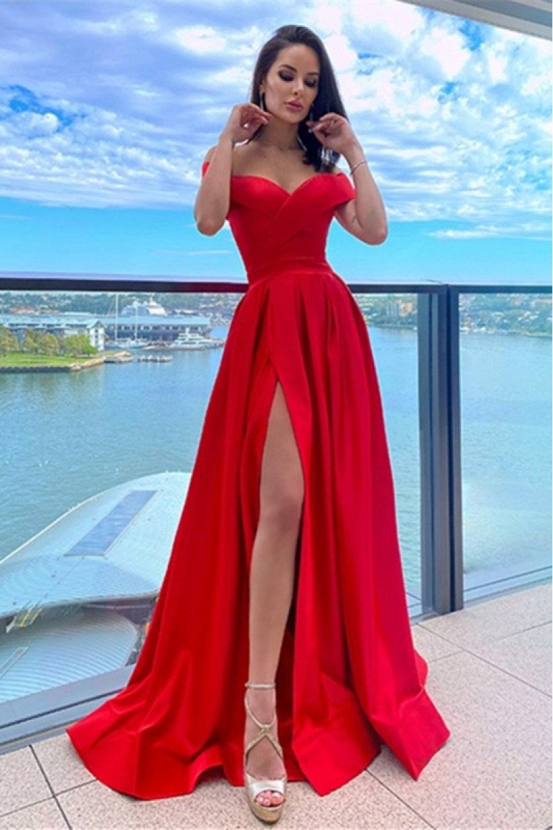 Flora Fancy Red Off Shoulder Side Slit A-line Prom Dresses