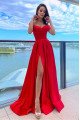 Flora Fancy Red Off Shoulder Side Slit A-line Prom Dresses