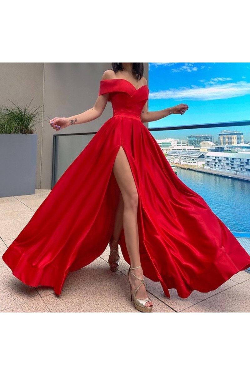 Flora Fancy Red Off Shoulder Side Slit A-line Prom Dresses