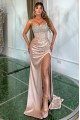 Florence Luxury Nude Pink Strapless Side Slit Sheath Prom Dresses With Crystal