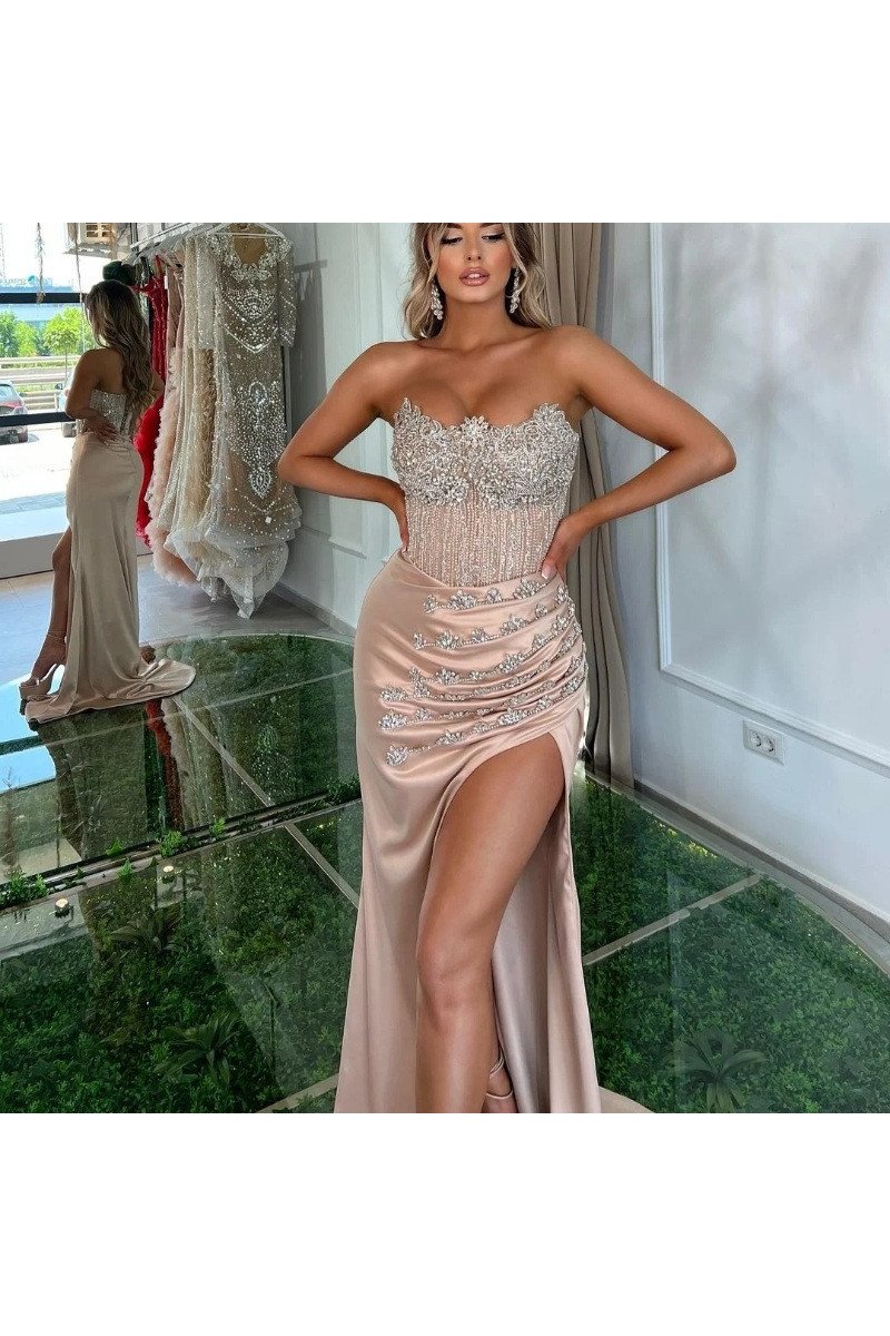 Florence Luxury Nude Pink Strapless Side Slit Sheath Prom Dresses With Crystal