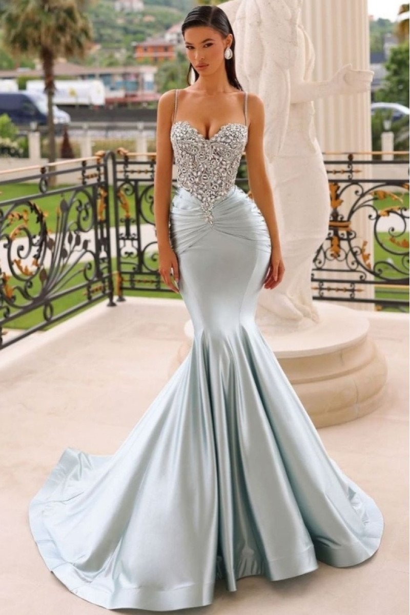 Frances Sparkle Light Green Spaghetti Straps Mermaid Prom Dresses With Crystal