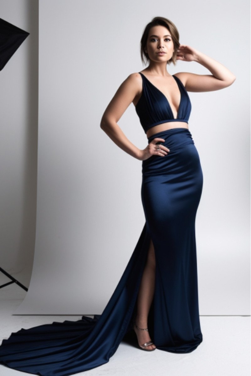 Fred Simple Dark Navy V-Neck Side Slit Two Pieces Prom Dresses