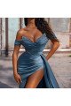 Gabrielle Chic Blue Off Shoulder Side Slit Beading Sheath Prom Dresses