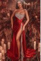 Gaby Luxury Burgundy Strapless Side Slit Sheath Prom Dresses With Crystal