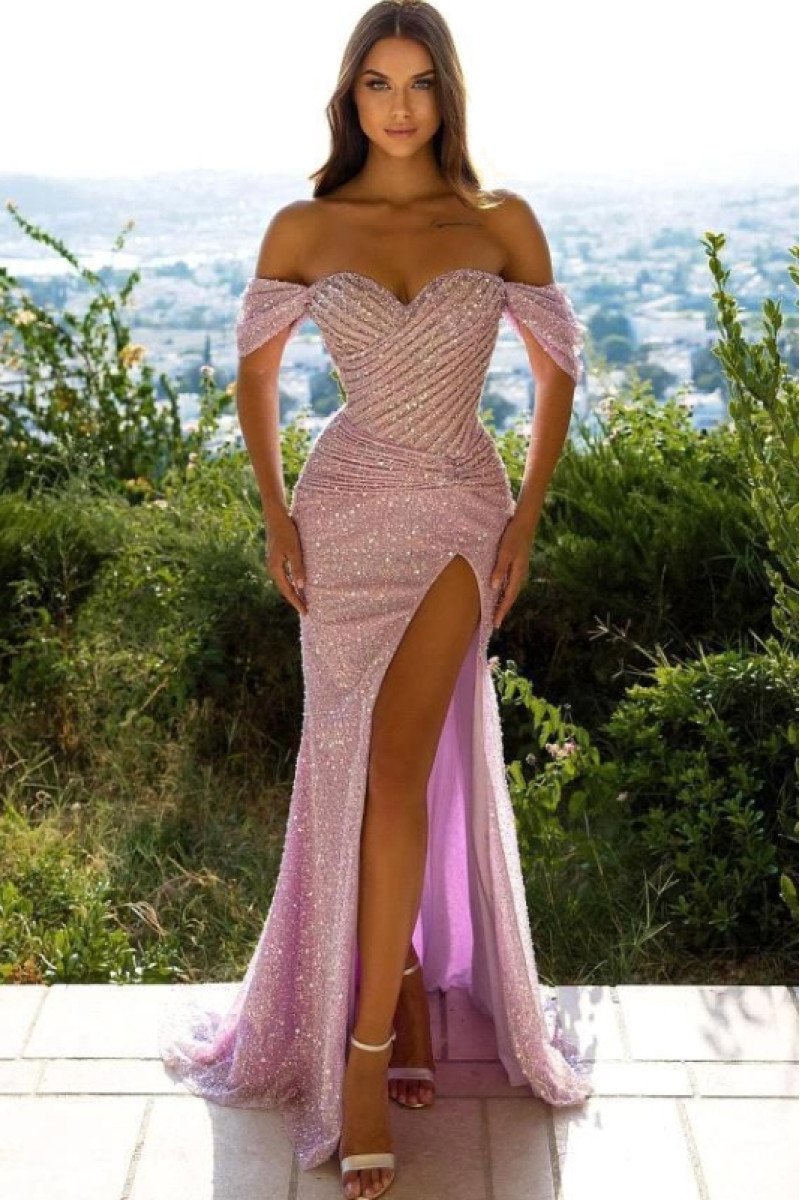 Gayle Lovely Pink Off Shoulder Side Slit Sequins Sheath Prom Dresses