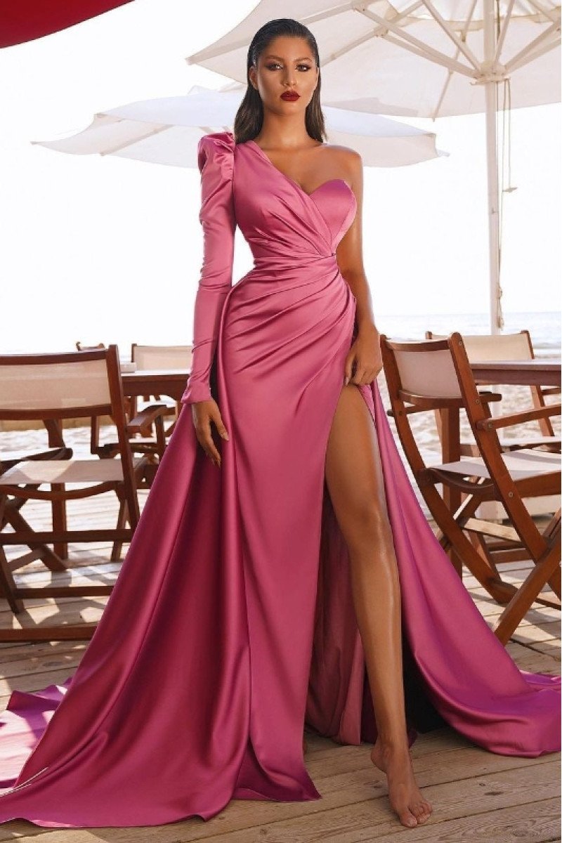 Genevieve Charming Fuchsia One Shoulder Side Slit A-Line Prom Dresses