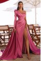 Genevieve Charming Fuchsia One Shoulder Side Slit A-Line Prom Dresses