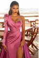 Genevieve Charming Fuchsia One Shoulder Side Slit A-Line Prom Dresses