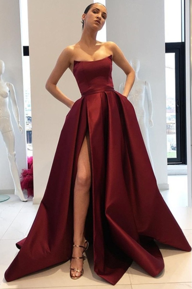 Genny Fancy Burgundy Strapless Side Slit A-Line Prom Dresses With Pocket