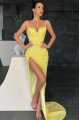 Glady Chic Yellow Spaghetti Straps Side Slit Sheath Prom Dresses With Crystal