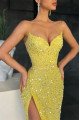 Glady Chic Yellow Spaghetti Straps Side Slit Sheath Prom Dresses With Crystal