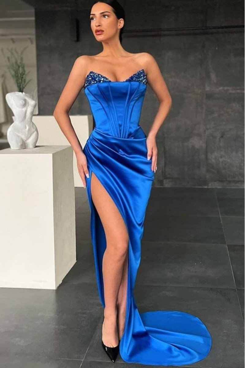 Gloria Elegant Royal Blue Sweetheart Side Slit Sheath Prom Dresses With Crystal