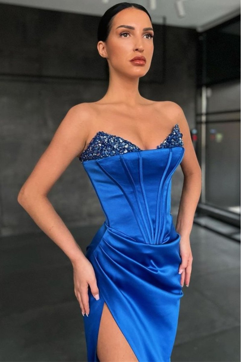 Gloria Elegant Royal Blue Sweetheart Side Slit Sheath Prom Dresses With Crystal