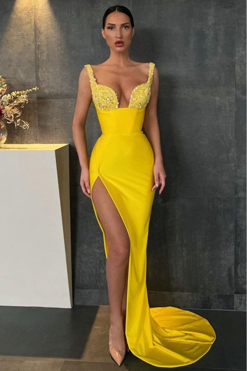 Grace Charming Yellow Spaghetti Straps Side Slit Sheath Prom Dresses With Crystal