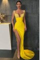 Grace Charming Yellow Spaghetti Straps Side Slit Sheath Prom Dresses With Crystal