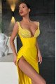 Grace Charming Yellow Spaghetti Straps Side Slit Sheath Prom Dresses With Crystal