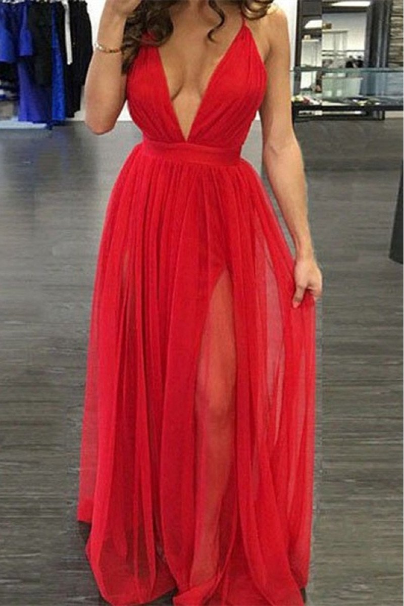 Gwendolyn Sexy Red V-Neck Backless Sheath Prom Dresses