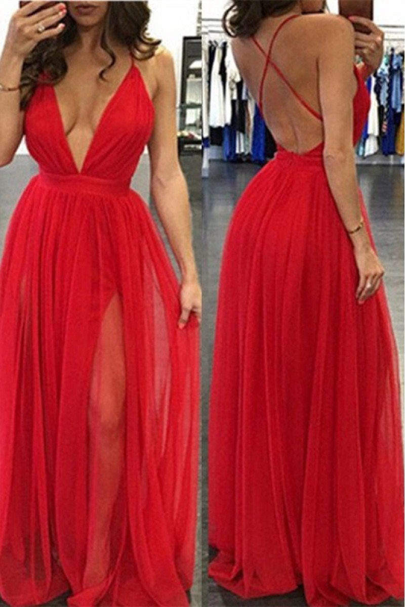 Gwendolyn Sexy Red V-Neck Backless Sheath Prom Dresses