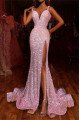 Hannah Lovely Candy Pink Spaghetti Straps Side Slit Ruffles Sequins Sheath Prom Dresses