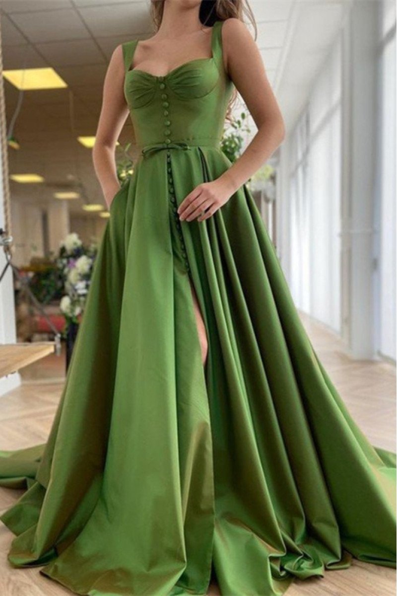 Harper Mild Green Square Front Slit A-Line Prom Dresses