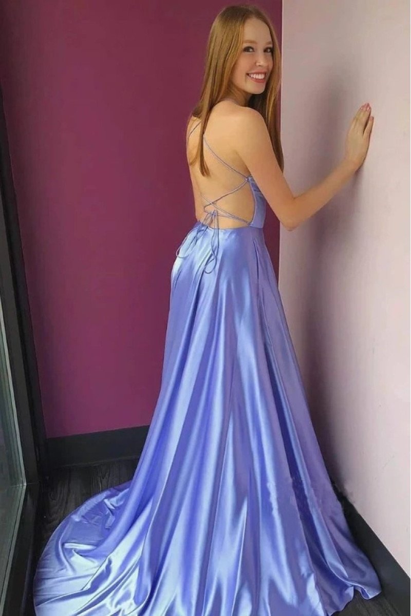 Harriet Generous Lavender Spaghetti Straps Backless Side Slit Sheath Prom Dresses With Pocket