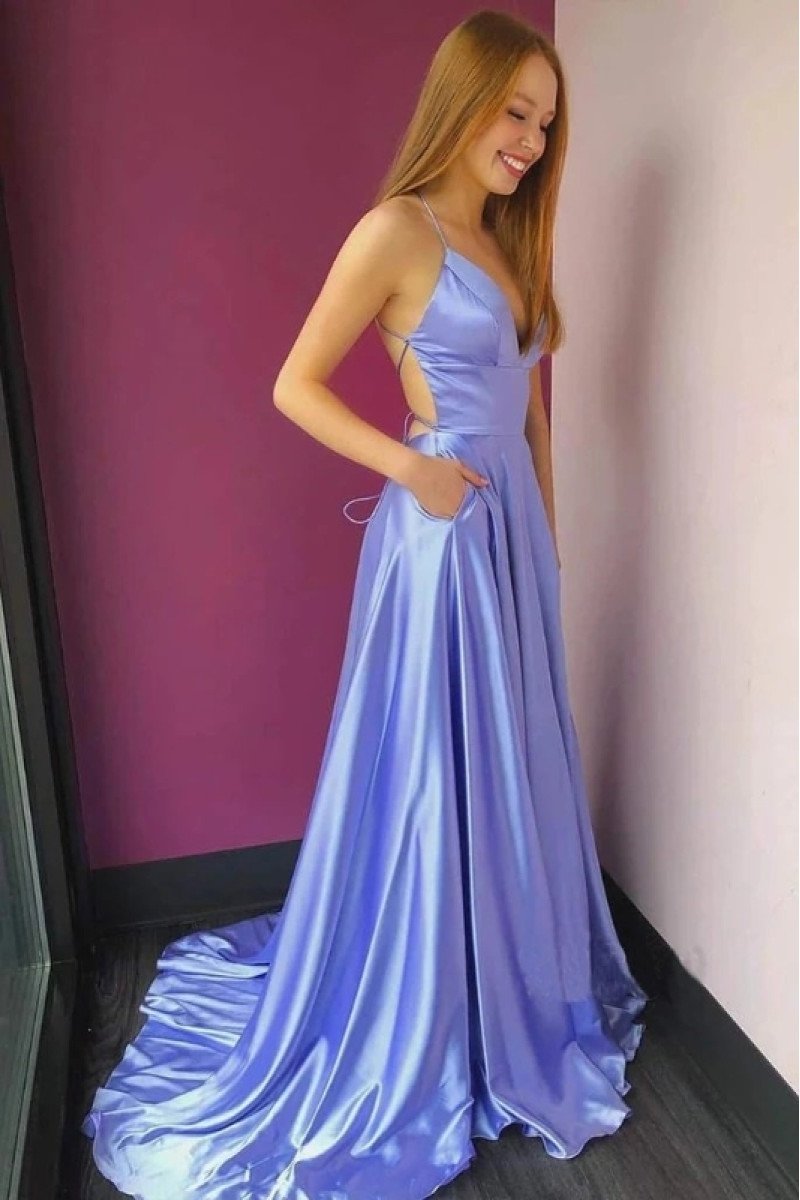 Harriet Generous Lavender Spaghetti Straps Backless Side Slit Sheath Prom Dresses With Pocket