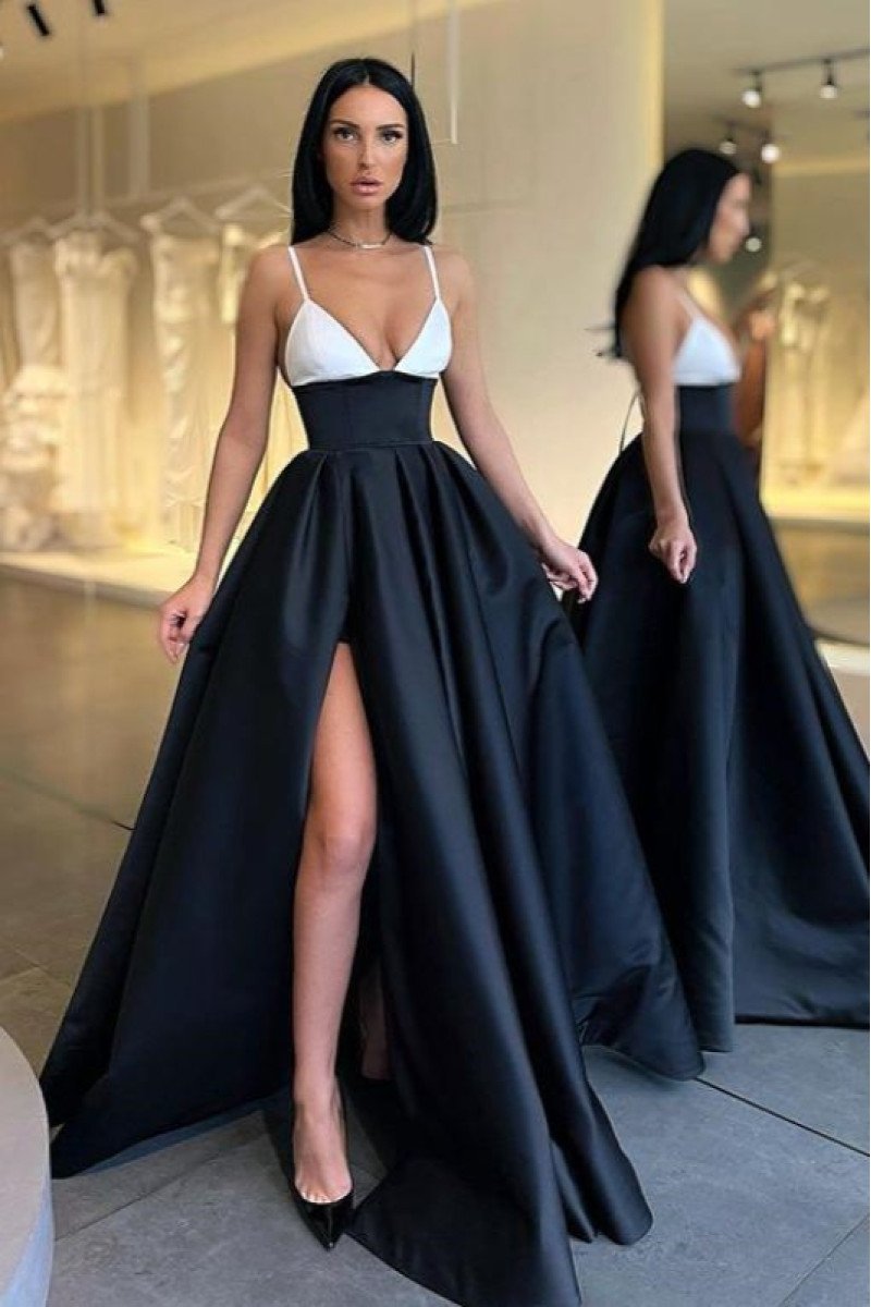 Hazel Modern Black Spaghetti Straps Side Slit A-line Prom Dresses With Pocket