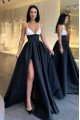 Hazel Modern Black Spaghetti Straps Side Slit A-line Prom Dresses With Pocket