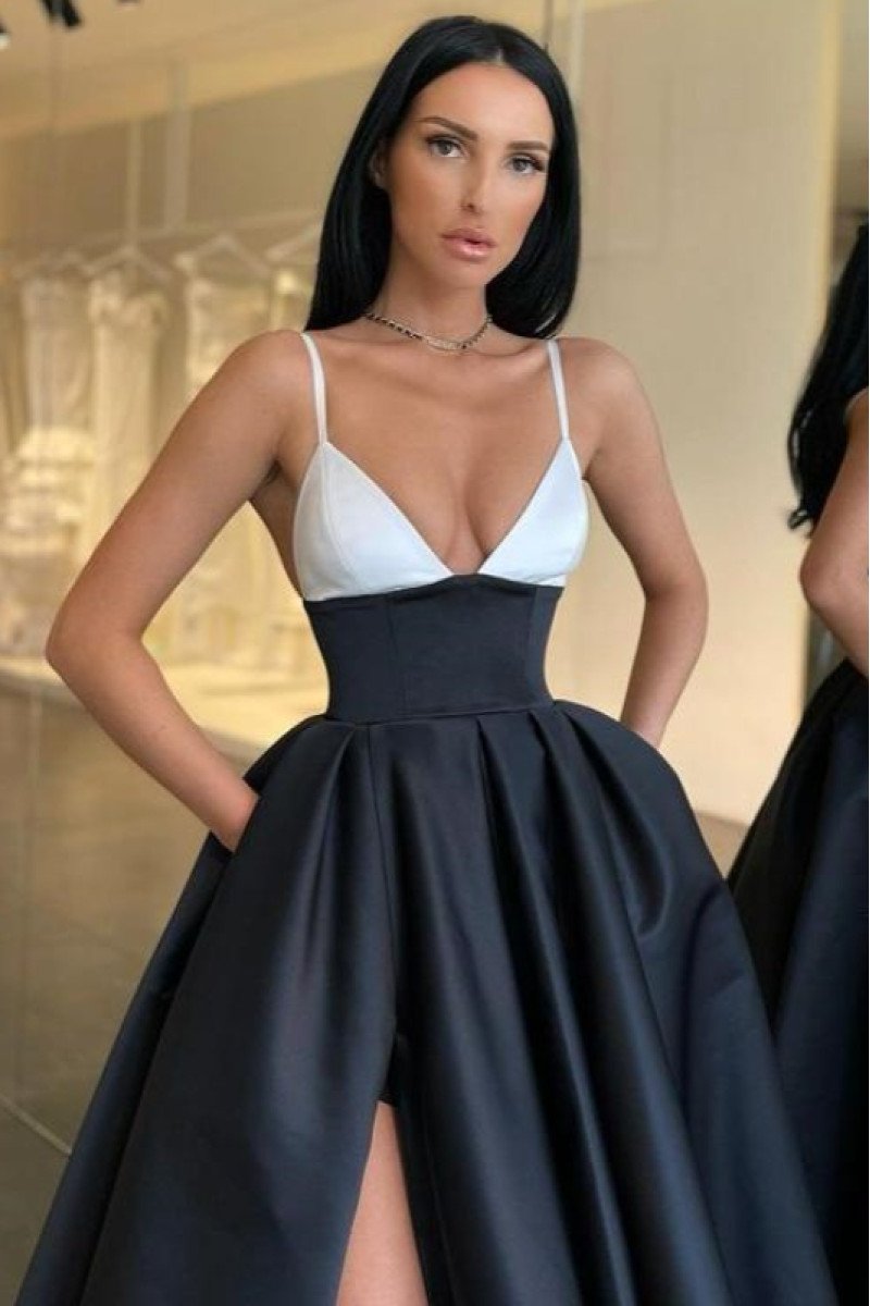 Hazel Modern Black Spaghetti Straps Side Slit A-line Prom Dresses With Pocket