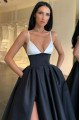 Hazel Modern Black Spaghetti Straps Side Slit A-line Prom Dresses With Pocket