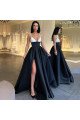 Hazel Modern Black Spaghetti Straps Side Slit A-line Prom Dresses With Pocket