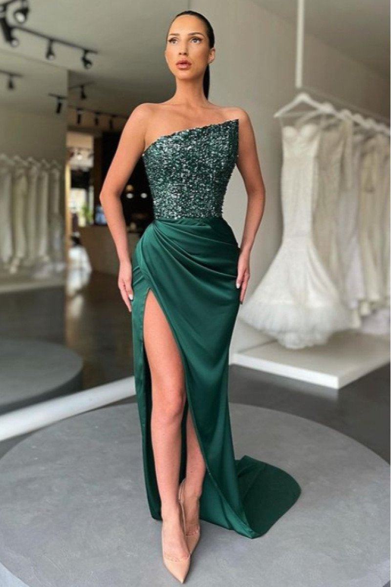 Hedy Sparkle Dark Green Strapless Side Slit Sheath Prom Dresses With Sequins