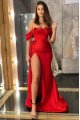 Hermosa Sexy Red Off Shoulder Side Slit Ruffles Sheath Prom Dresses