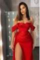 Hermosa Sexy Red Off Shoulder Side Slit Ruffles Sheath Prom Dresses