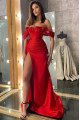 Hermosa Sexy Red Off Shoulder Side Slit Ruffles Sheath Prom Dresses