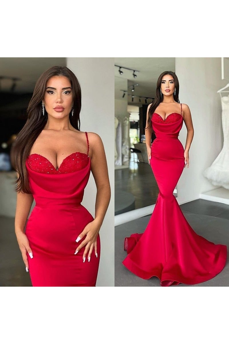 Hilary Red Burgundy Spaghetti Straps Beading Mermaid Prom Dresses