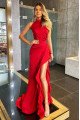 Honey Beautiful Red High Neck Side Slit Sheath Prom Dresses