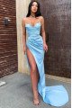 Hunter Sexy Sky Blue Spaghetti Straps Side Slit Ruffles Sheath Prom Dresses