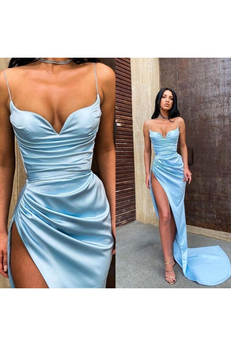 Hunter Sexy Sky Blue Spaghetti Straps Side Slit Ruffles Sheath Prom Dresses