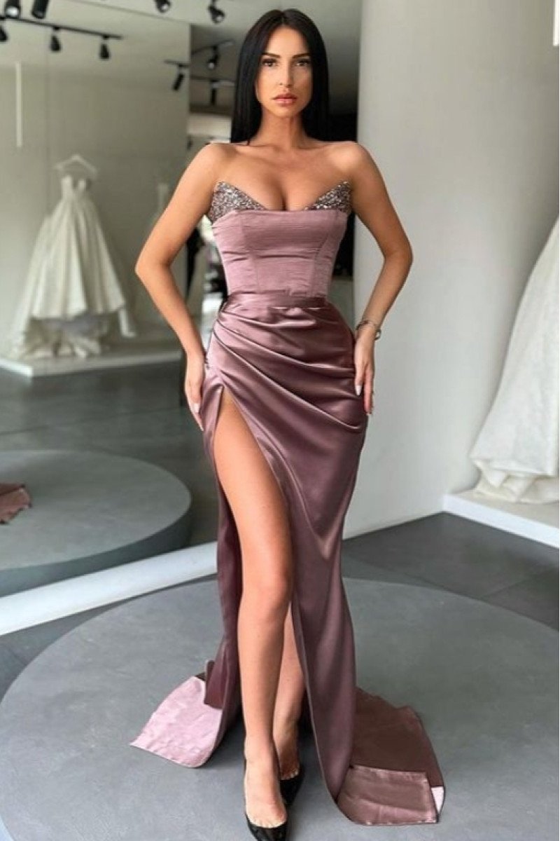 Ina Gentle Grape Sweetheart Side Slit Beading Sheath Prom Dresses 