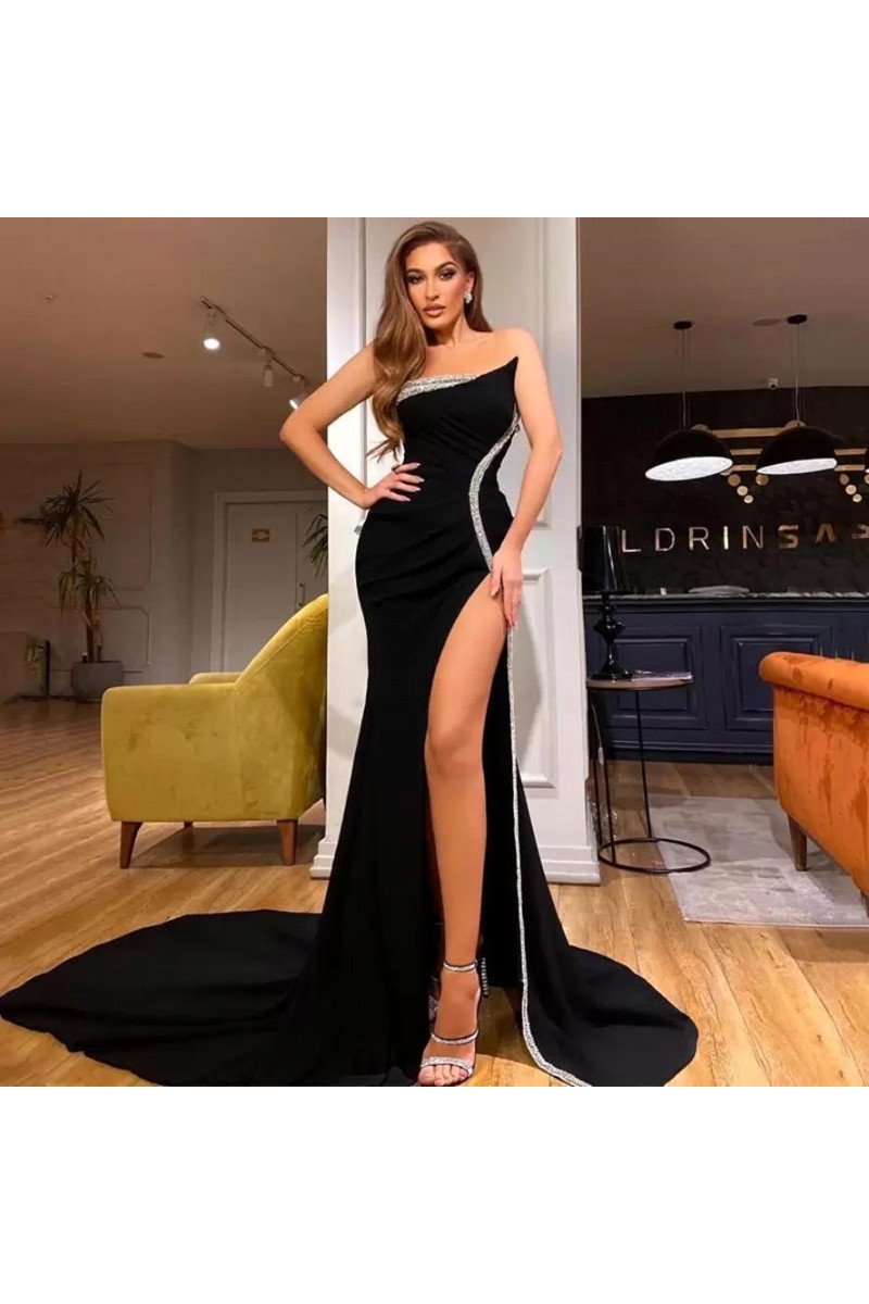 Ingrid Special Black Strapless Side Slit Open Back Appliques Sheath Prom Dresses