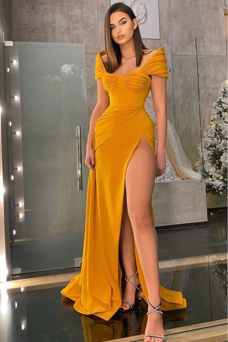 Irene Beautiful Gold Off Shoulder Side Slit Ruffles Sheath Prom Dresses