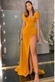 Irene Beautiful Gold Off Shoulder Side Slit Ruffles Sheath Prom Dresses