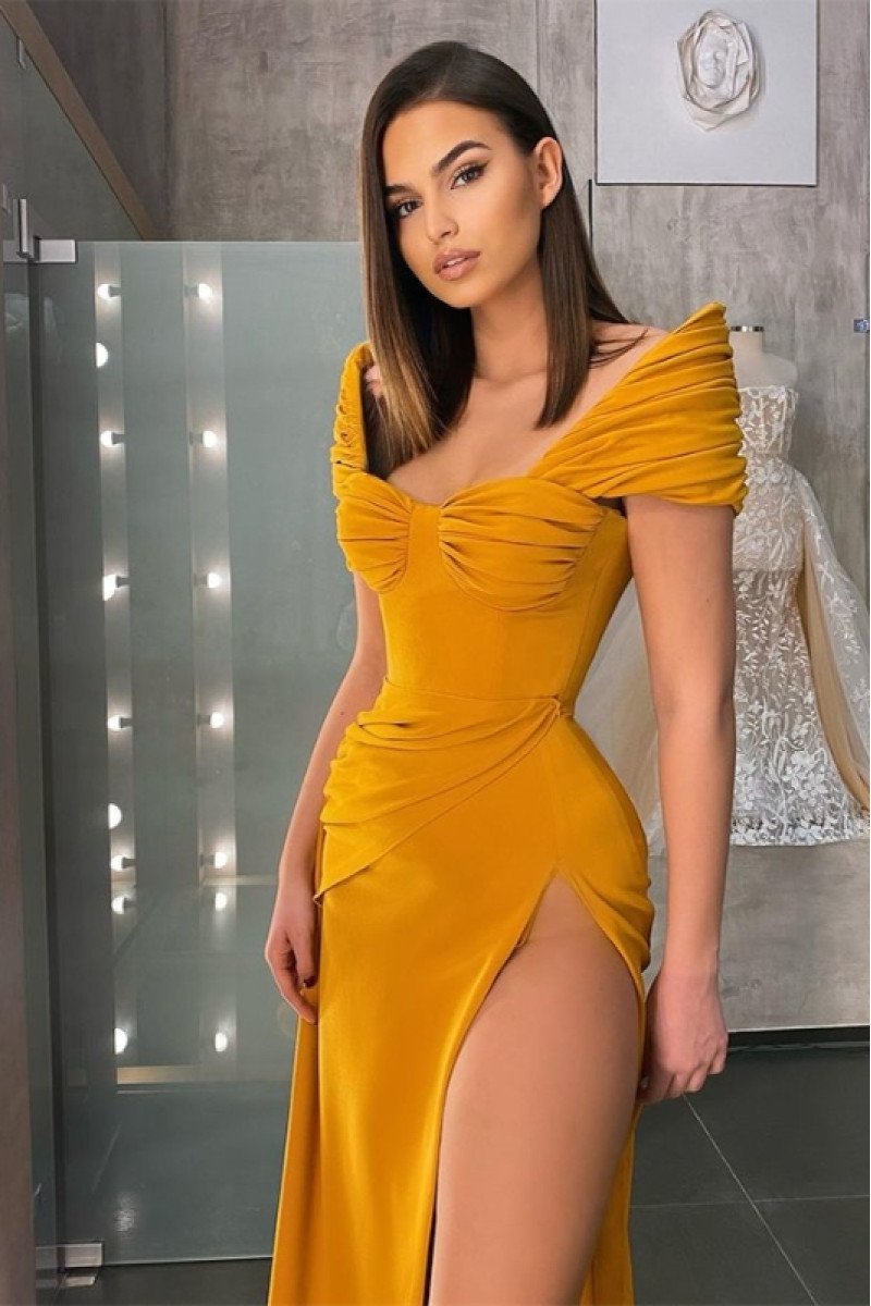 Irene Beautiful Gold Off Shoulder Side Slit Ruffles Sheath Prom Dresses