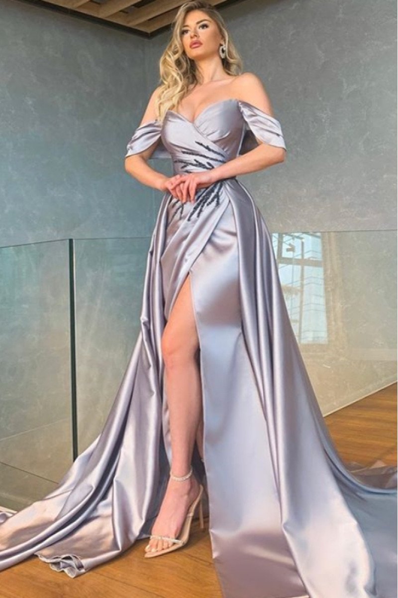 Isabel Elegant Silver Off Shoulder Side Slit Beading A-Line Prom Dresses